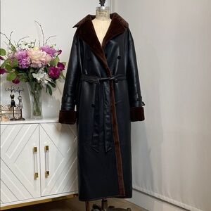 NWT Maxi Heavyweight Black Faux Leather Trench Long Coat with Brown Faux Fur